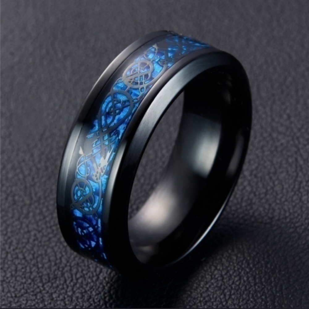 Black stainless steel blue Irish wedding band ring